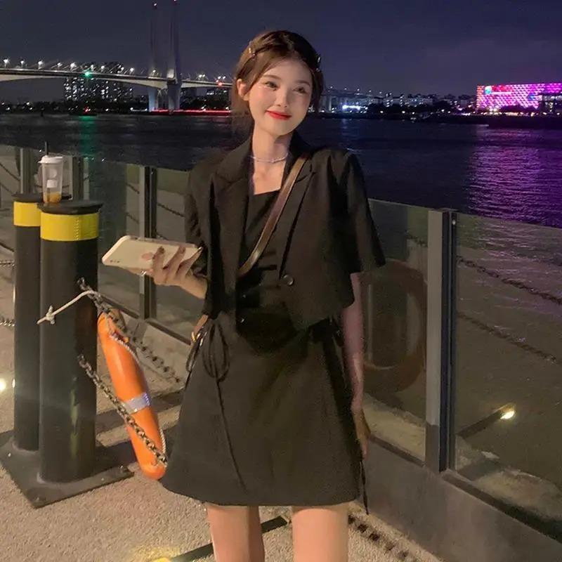 

Женские однотонные комплекты платьев, модная уличная одежда для отдыха, универсальный летний укороченный блейзер в корейском стиле, милая женская одежда из 2 предметов XL чёрный