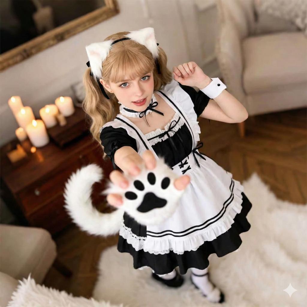 Set Vestito da Cameriera Gothic Lolita Donna Costume Cosplay Anime Orecchie e Coda di Volpe Nere Bianche Guanti Costume di Carnevale Halloween Festa