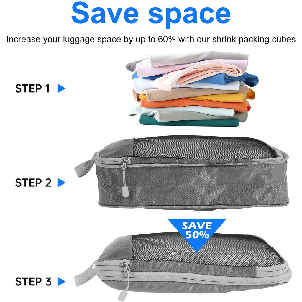 6PCS/Set Compressed Packing Cubes Travel Storage Organizer Set Nylon Luggage Suitcase Organizer Bags Space Saving Packing Cubes