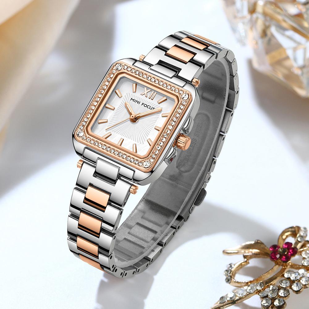 MINIFOCUS Women's Light Luxury Watch with Square Case Mother-of-Pearl Dial Stainless Steel Strap Luminous Hands Relogios