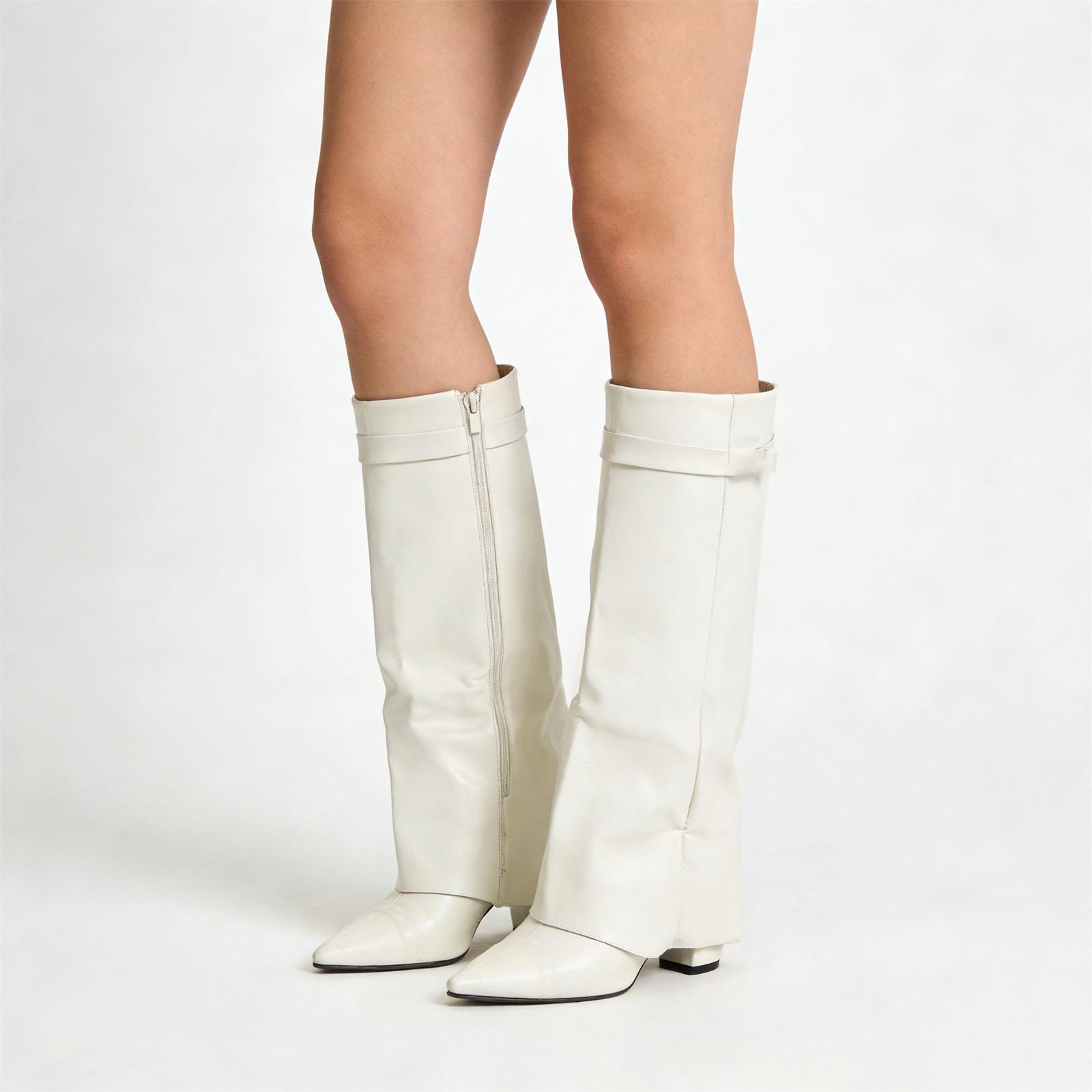 

Жіночі Модні Чоботи з Прямою Халявою, Загостреним Носком, Високою Халявою та Металевою Пряжкою 42 білий