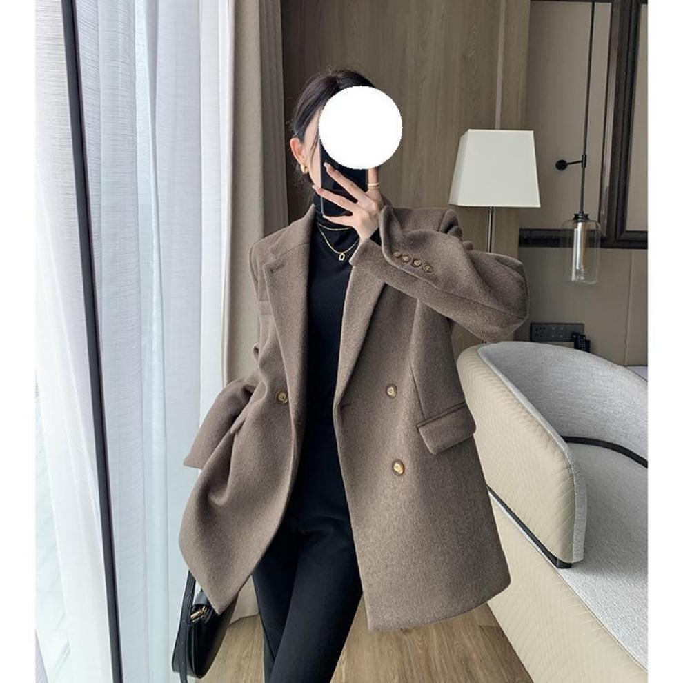 

Жіночий одяг зі суміші вовни Однотонний вовняний блейзер середньої довжини Щільна тепла блуза Жіноче пальто для офісних жінок Верхнє пальто XXXXXL коричневий