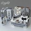 Newborn Baby Boy Gift Box: Off-White & Grey Striped Outfit - High-End Spring Festival Full Moon Collection