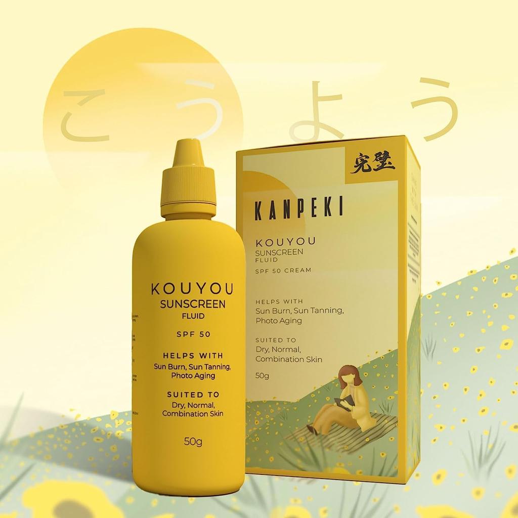 Kanpeki Kouyou Fluid Sunscreen SPF 50 with No White Cast | Lightweight & Helps with UVA, UVB Damaged | Broad Spectrum PA ++ | For All Skin Type,