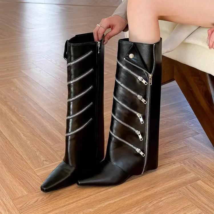 

Дизайнерские сапоги на молнии до колена, женские новые модные сапоги с острым носком, высокие сапоги-трубы, длинные сапоги для женщин, осенне-зимние сапоги для женщин 39