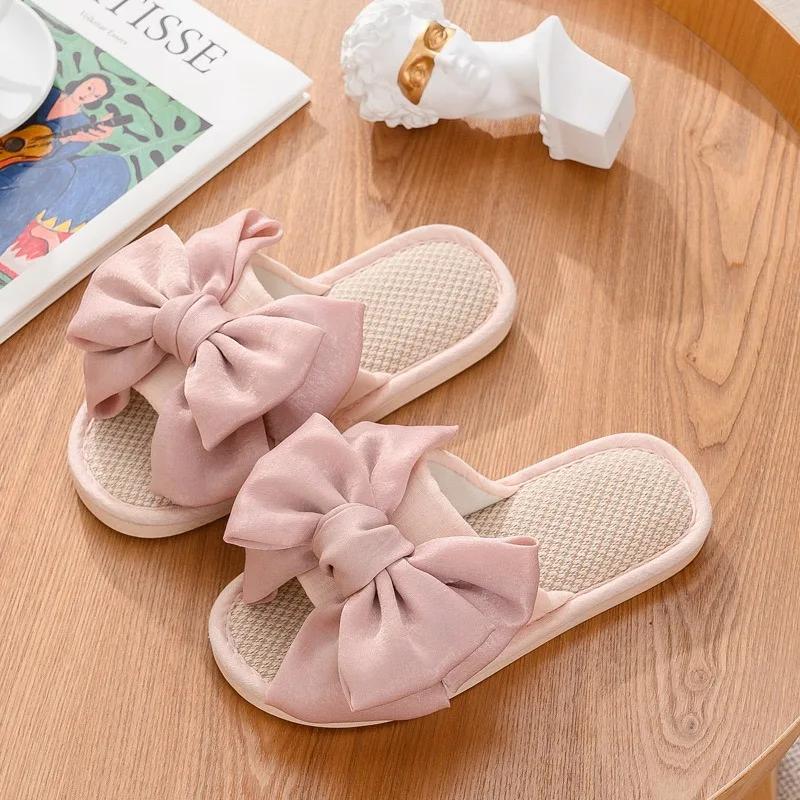 Fashion 2024 New Fashion Linen Slippers Women's Silk Bow Cotton Linen Slippers Women's Indoor Home Outdoor Sandals Slippers Zapatos