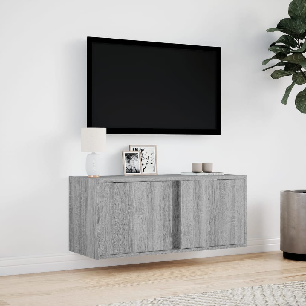 Wall Mounted TV Cabinet with LED Lighting Grey Sonoma 80 x 31 x 35 cm