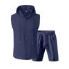 Mens Summer 2 Piece Outfit Shorts Set with Sleeveless Hooded Shirt Top Cotton Beach Casual Loose Fit Comfortable Athletic