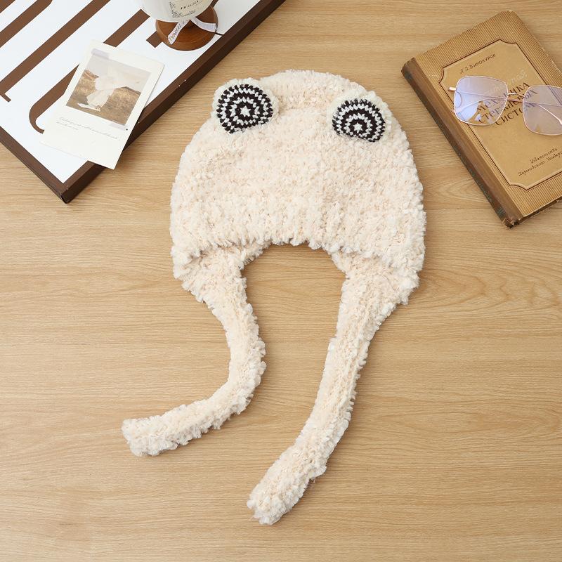 Winter Hat Women's Plush Cute Frog Ears Versatile Lace-up Wool Hat Warm Plush Thickened Headhat