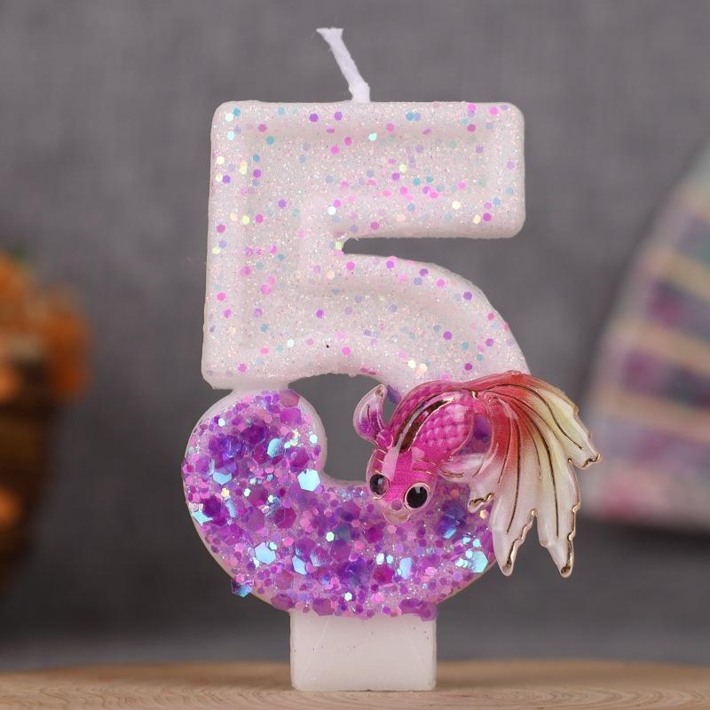 Gradient Pink and Purple Goldfish Digital Birthday Handmade Candle Cake Decoration First Birthday Diy0-9
