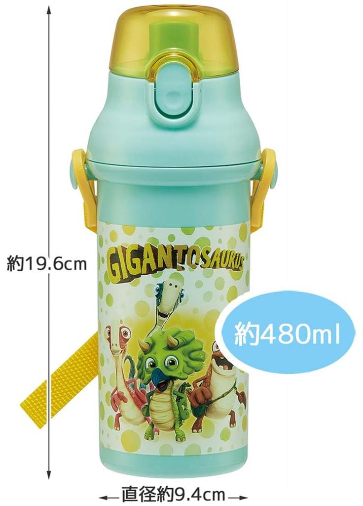 Skater Wasserflasche aus Kunststoff, 480 ml, mit einem Druckknopf, antibakteriell, kinderfreundlich, leicht, antibakterielle Behandlung, hergestellt in Japan, Gigantosaurus Boys, PSB5SANAG