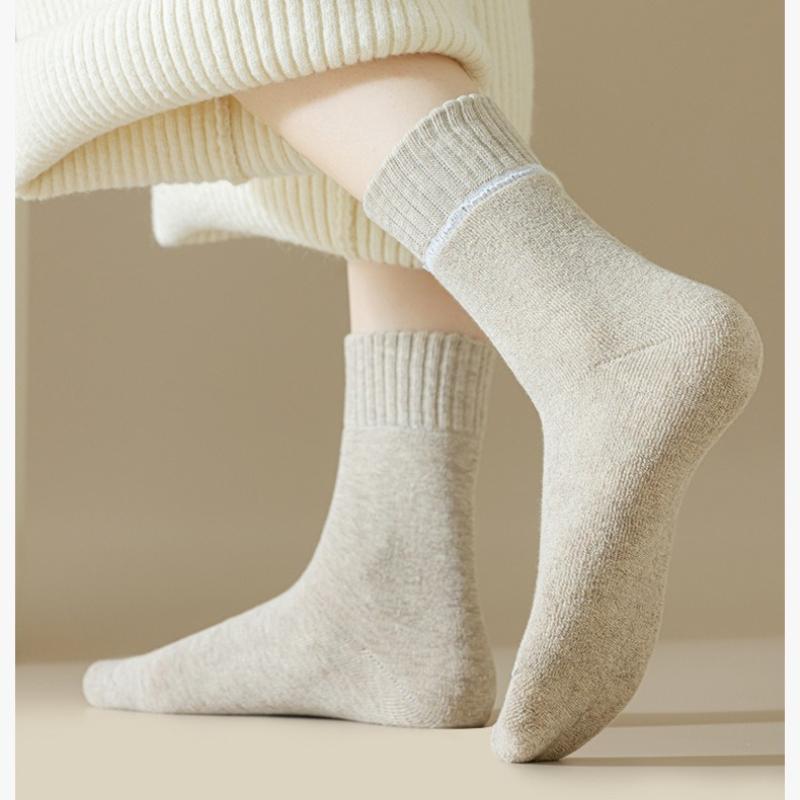 5 Pairs Winter Warm Velvet Thickened Multicolor Basic Socks Mid Calf Length Casual Cozy Foot Wear Hosiery