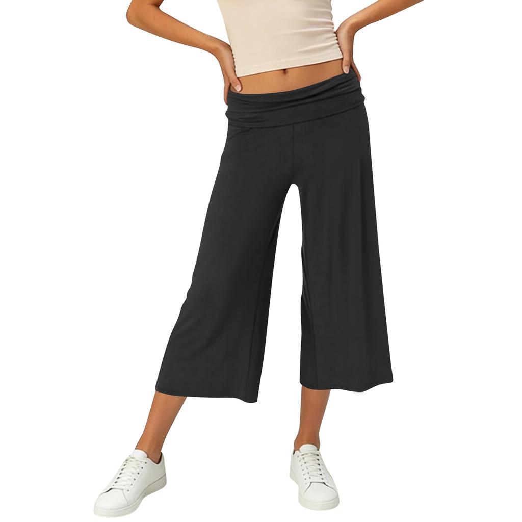 Pantaloni Capricci Larghi Elasticizzati a Vita Alta 3/4 da Donna Vestibilità Casual Pantaloni Lunghi con Tasche