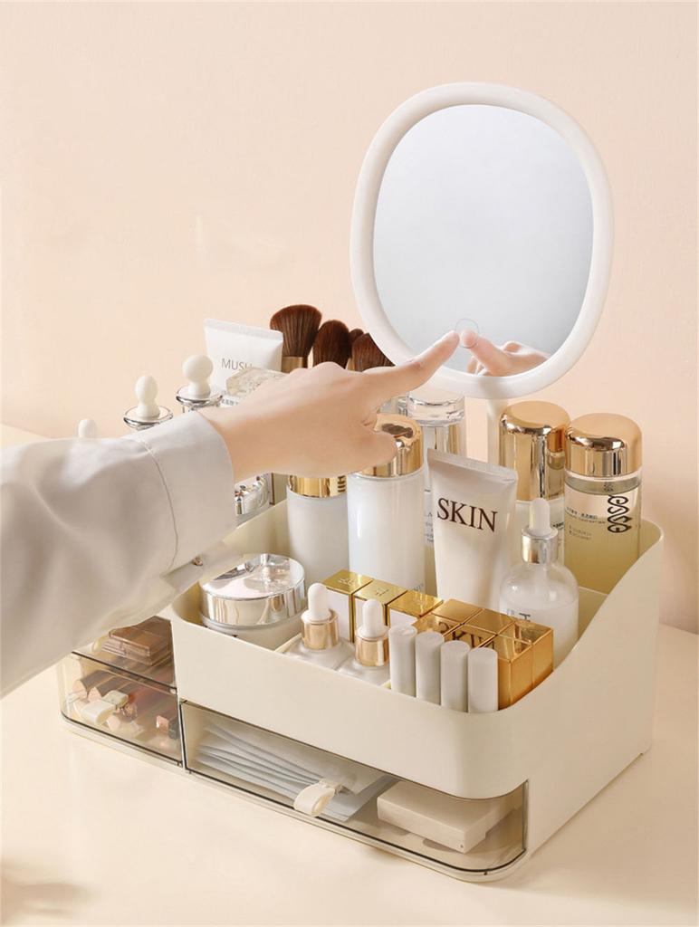 Chic Drawer-Style Cosmetic Organizer With Mirror - Portable Makeup Storage Box For Skincare, Lipstick & More