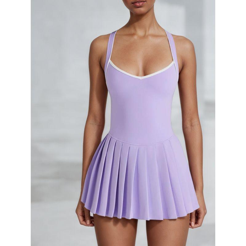 Foreign Trade New Belt Chest Pad Yoga One-Piece Skirt Color Matching Pleated Skirt High Elastic Quick-Drying Anti-exposure Golf Tennis Skirt