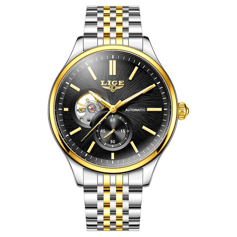 Men's Luxury Waterproof Automatic Mechanical Watch with Steel Band and Luminous Skeleton Design