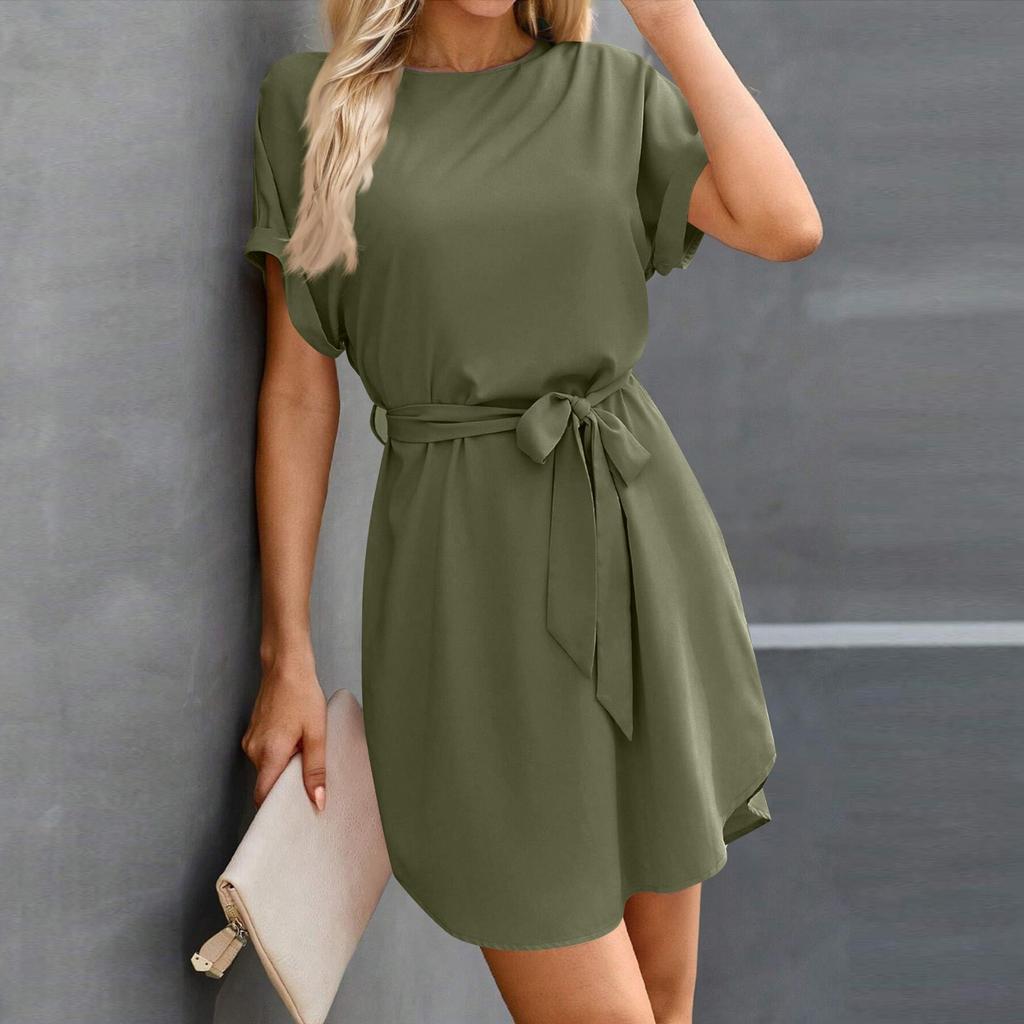 Womens Summer Short Dresses O Neck Casual Batwing-Short Sleeve Belted Dress For Women
