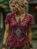 Dámské boho tričko s květinovým grafickým vzorem paisley, bohémské, vintage, stylové, krátký rukáv, výstřih do V, běžné topy, na večer, víkend, 3D potisk