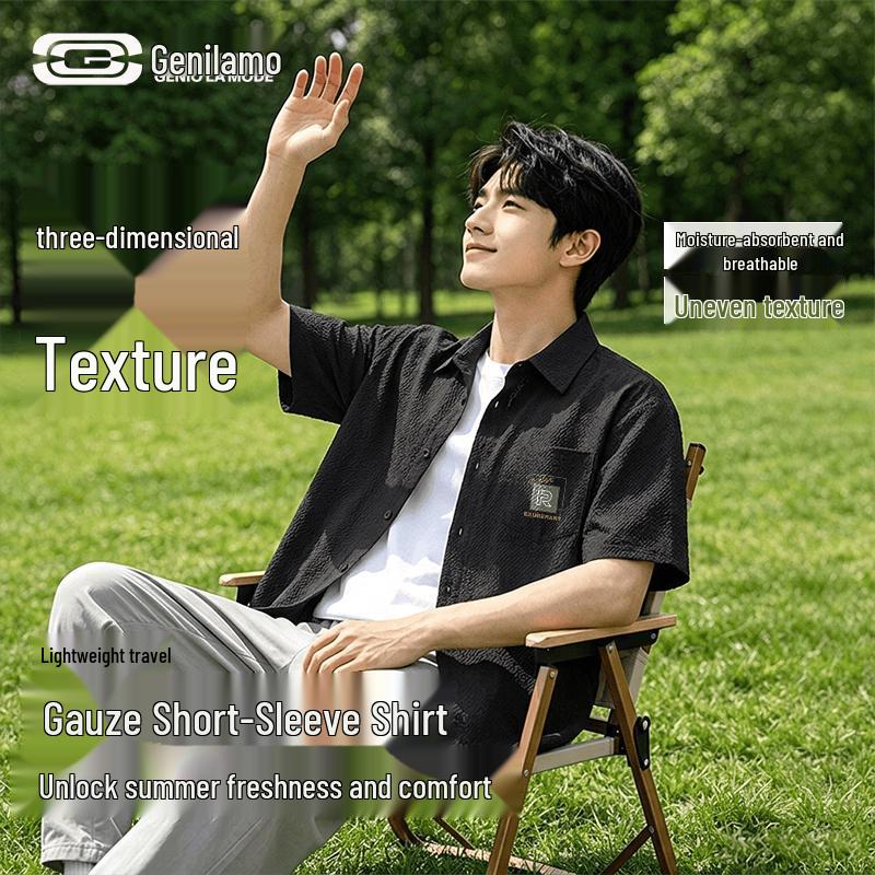 GENIOLAMODE Men s Summer Triple-Protection Pleated Short-Sleeve Shirt L
