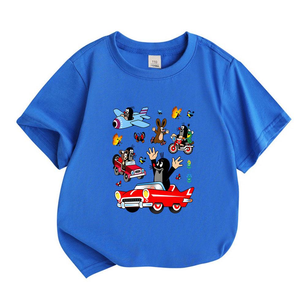 Cute Mole Friends Cartoon Print Kids T Shirt, Boys Girls 100% Cotton Short Sleeve Crew Neck Tees, Fun Animal Driving Vehicle Pattern Casual Summer Top