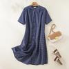 Japanese Style Blue Plaid Cotton Linen Shirt Dress for Women - Summer Short Sleeve Long Layered Design