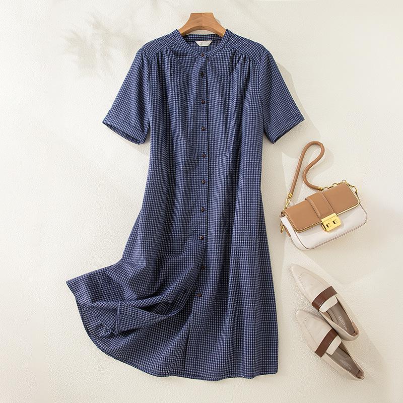 Japanese Style Blue Plaid Cotton Linen Shirt Dress for Women - Summer Short Sleeve Long Layered Design