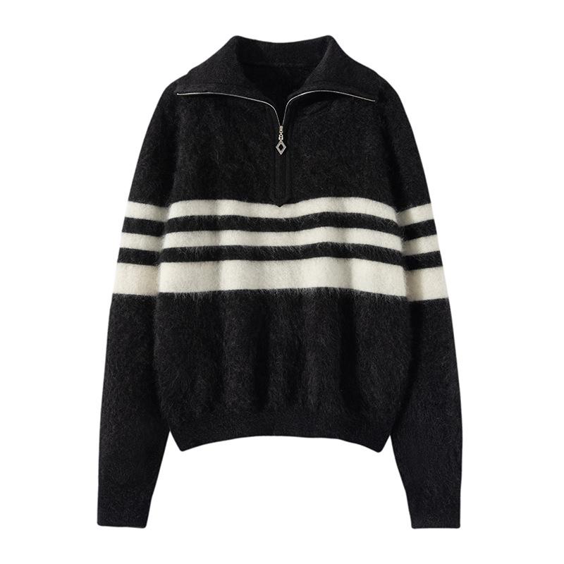 

Женский осенне-зимний полосатый кашемировый свитер с отложным воротником и молнией - свободный, вязаный под мех, в стиле поло One Size чёрный