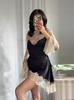 Women's Lace Spliced Long Sleeve Sexy Short Dress