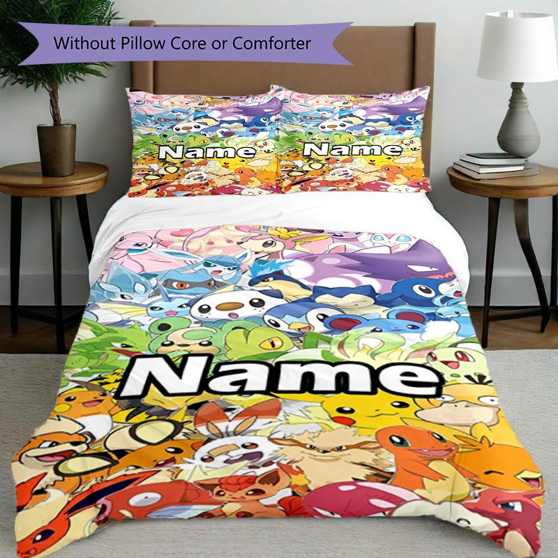 3-teiliges Bettbezug-Set (1 * Bettbezug + 2 * Kissenbezug, ohne Kern), Benutzerdefinierter Name Pokemon Muster Bettwäsche Set, Heim Schlafzimmer Dekor Geschenk