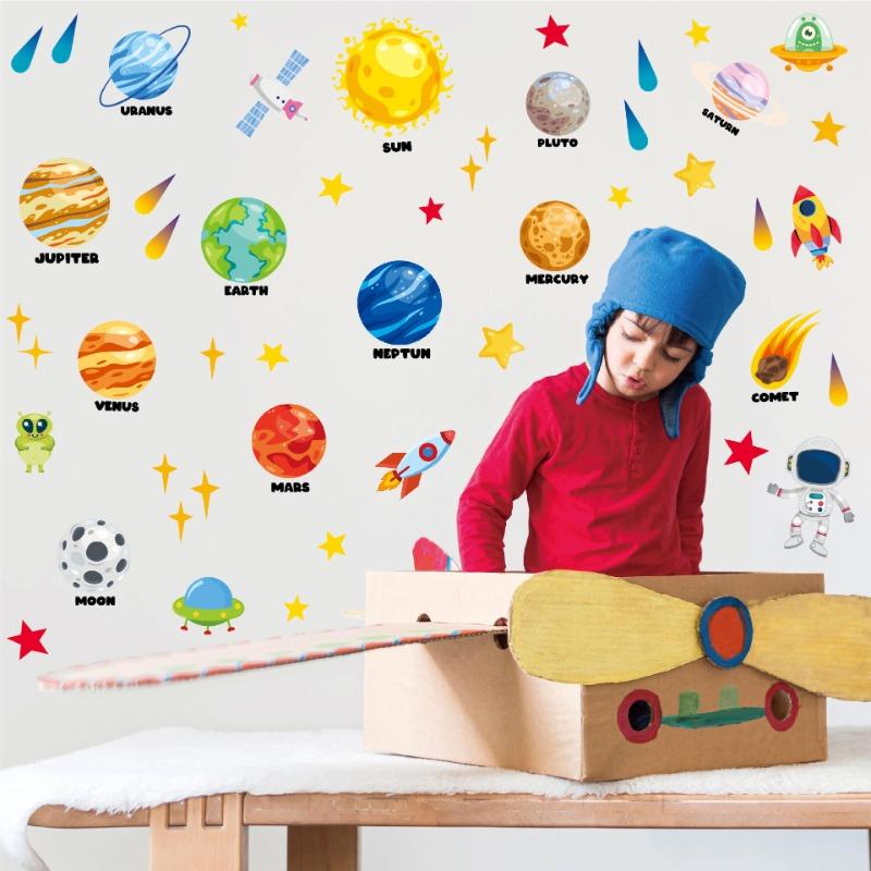 Autocolante de perete cu planete cosmice Planete spațiale rachetă astronaut grădiniță decorațiune de perete autocolante de perete cu desene animate pentru copii