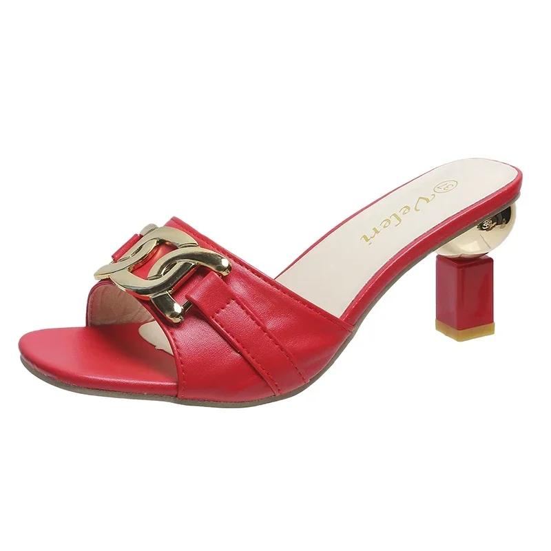 Summer Women's Slippers Sandals Golden Metal Chain Ladies Casual Slides Mules Indoor Shoes 36-43