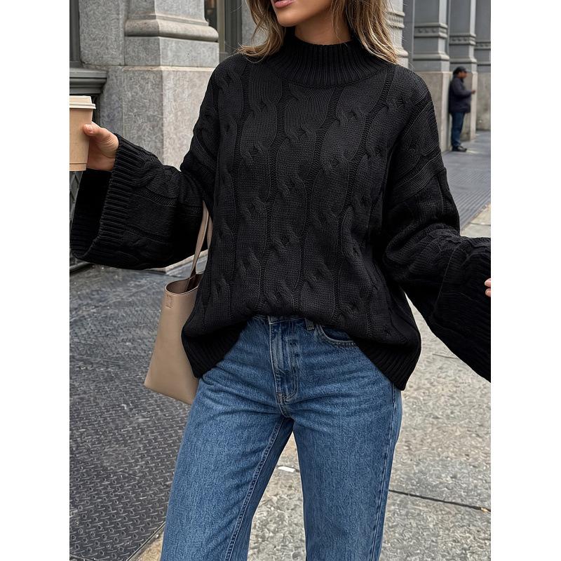 High Neck Sweater Women Loose Pullover Flare Sleeve Mock Neck Lazy Style Knit Top