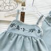 Summer Girls' Outfit New Style Embroidered Floral Denim Suspender Top And Lace Wide-Leg Pants Casual Two-Piece Set