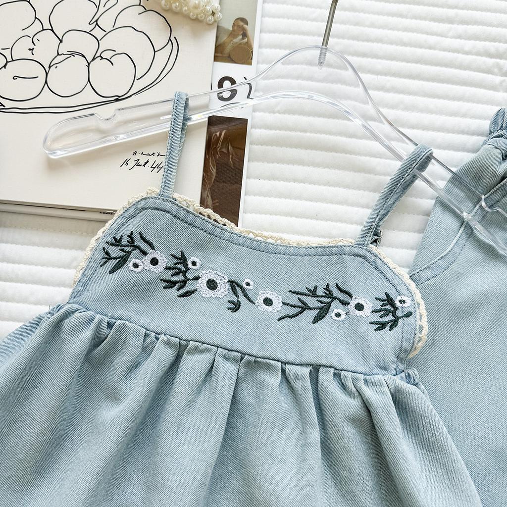 Summer Girls' Outfit New Style Embroidered Floral Denim Suspender Top And Lace Wide-Leg Pants Casual Two-Piece Set