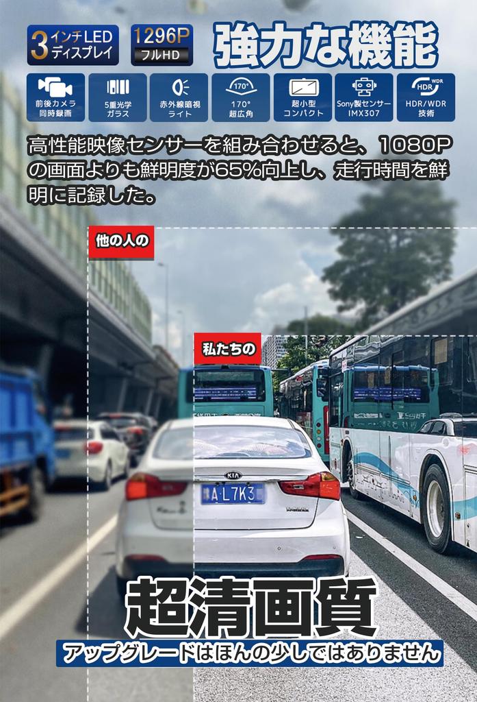 TORAKIND Industry Dash Cam with Front and Rear Dual LCD Full HD Wide Angle Compact Dash Cam with 32GB Image Correction Continuous Motion Nighttime
