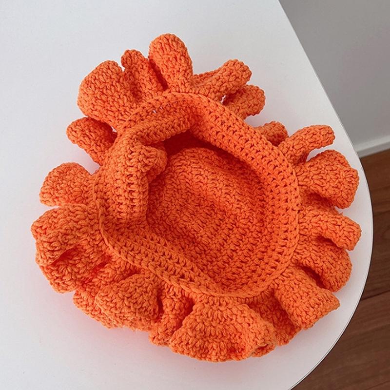 Colorful Crochet Ruffle Bucket Hat Warm Stretch Knit Hat New Year Celebration Women'S Fashion Handmade Beanie Hat Tool Tentacle