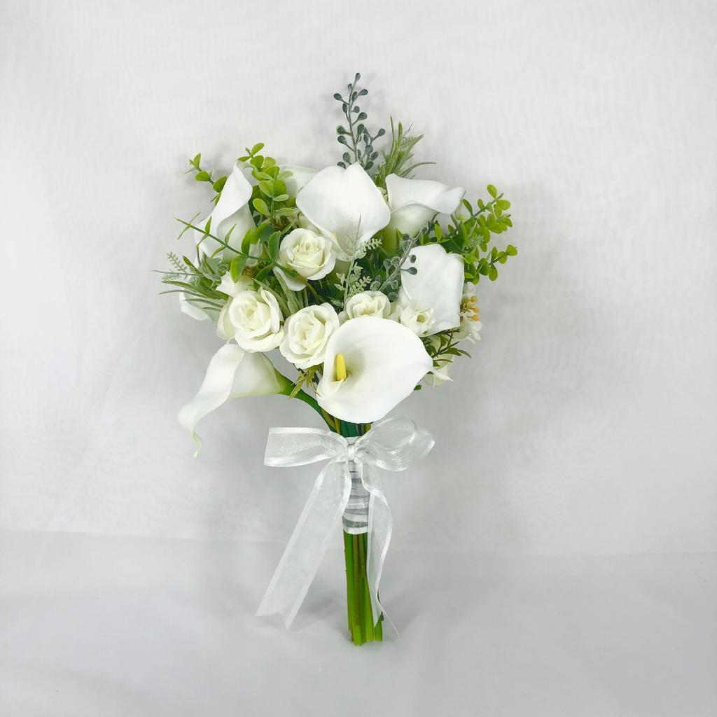 Customizable Realistic Soft Artificial Flower Hand Bouquet Calla Lily Tulip French Elegant Bride Pure White Wedding Photography