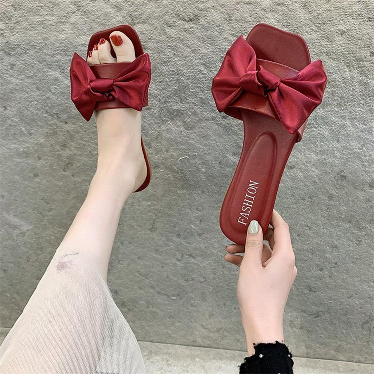 

2025 summer new fashion casual slippers women s outer wear square head bow flat bottom one-word drag 42 бордовый