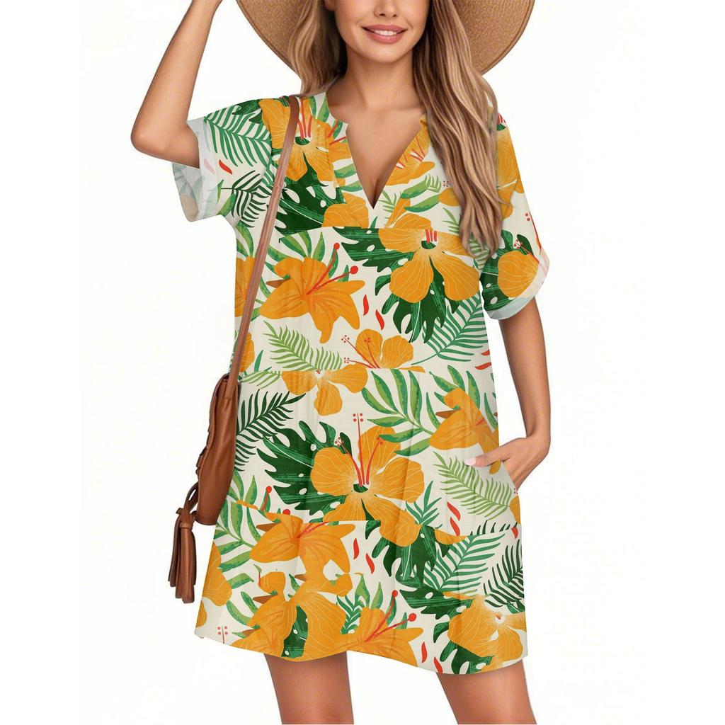 Damenmode Smock Hawaiian Floral Casual Kurzarm V-Ausschnitt T-Shirt Kleid Urlaub Strandkleid