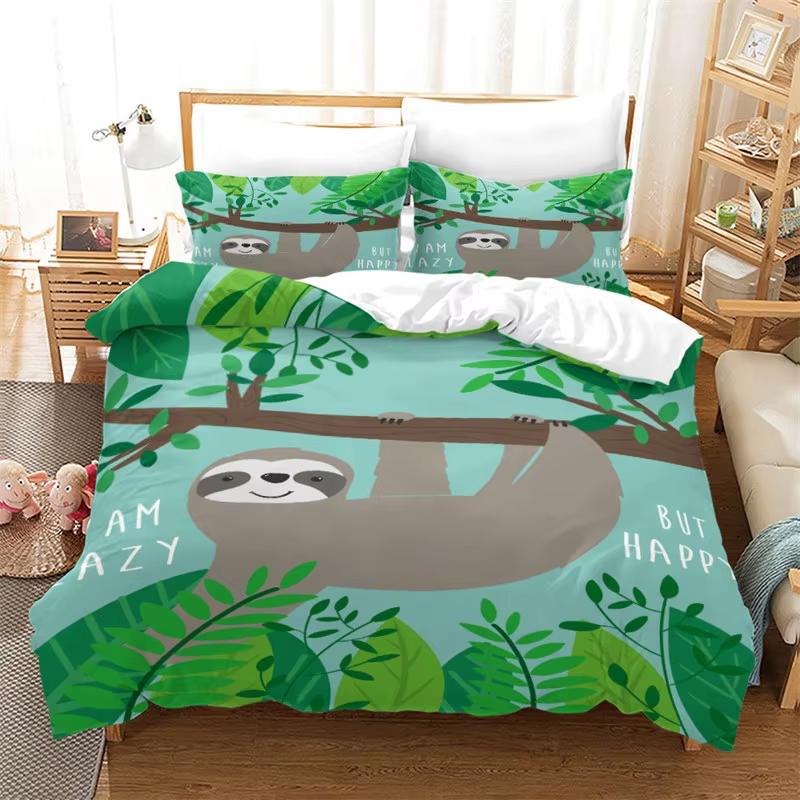 Cartoon Animal Duvet Cover Funny Sloth Green Leaves Bedding Set Twin King For Boys Girls Teen Room Decor Microfiber Quilt Cover