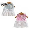 Lace Pet Dress Knitted Sleeveless Dog Dress, White Tutu Puppy Princess Cute Girl Ruffled with Faux Pearl Bow, Summer Female for Small Dogs Clothing