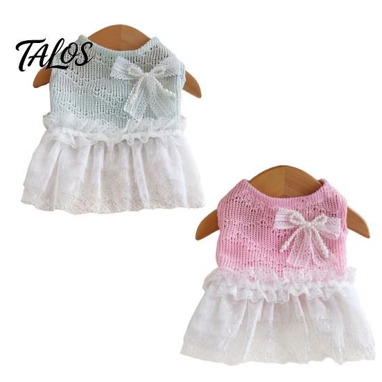 Lace Pet Dress Knitted Sleeveless Dog Dress, White Tutu Puppy Princess Cute Girl Ruffled with Faux Pearl Bow, Summer Female for Small Dogs Clothing