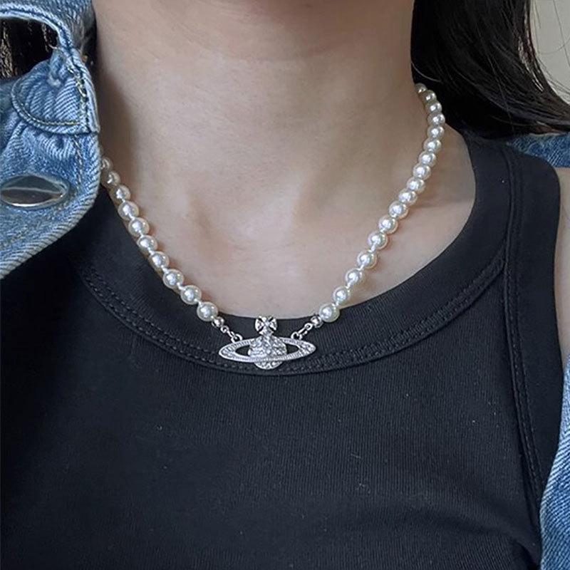 Damen Rosa Diamant Saturn Perlenkette - Stern-Stil Voll Diamant Schlüsselbeinkette, Ideales Vielseitiges Weihnachtsgeschenk