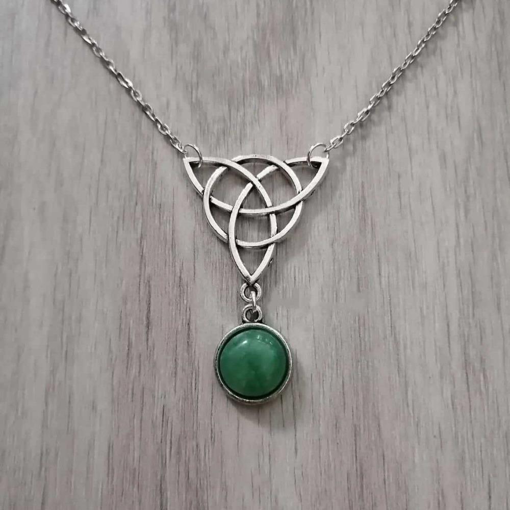 Gothic Sliver Color Hollow Out Celtic Knot Natural Stone Pendant Necklace for Women Men Halloween Party Pagan Witchcraft Jewelry