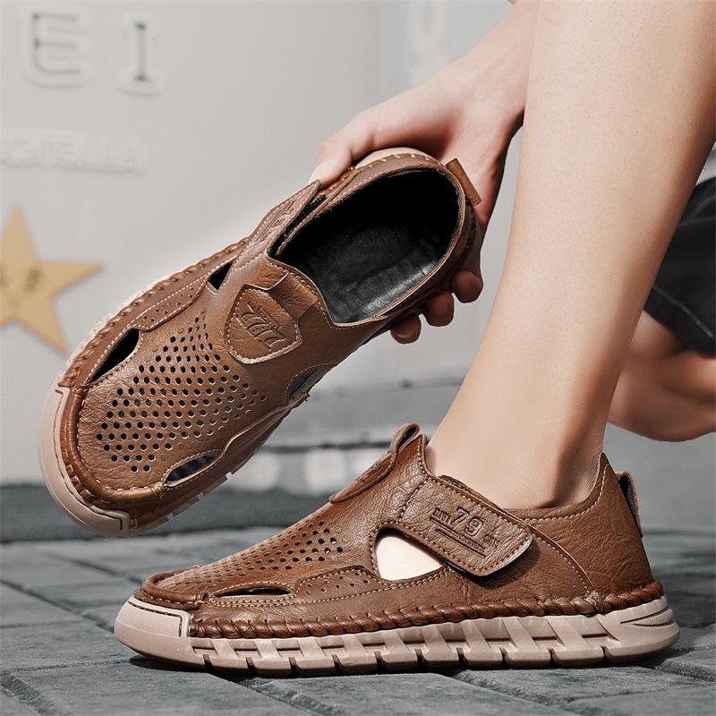 Fashion Men's Casual Leather Sandals Lightweight Summer Flats Stylish Beach Shoes Comfortable Hollow Out Loafers Male Magic Glue Sandals