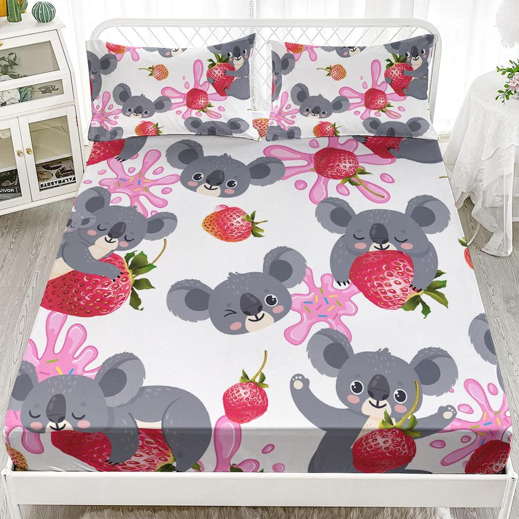 Cute Cartoon Koala Pattern Bed Hat Three-Piece Digital Printing Bedding Set Adult Children