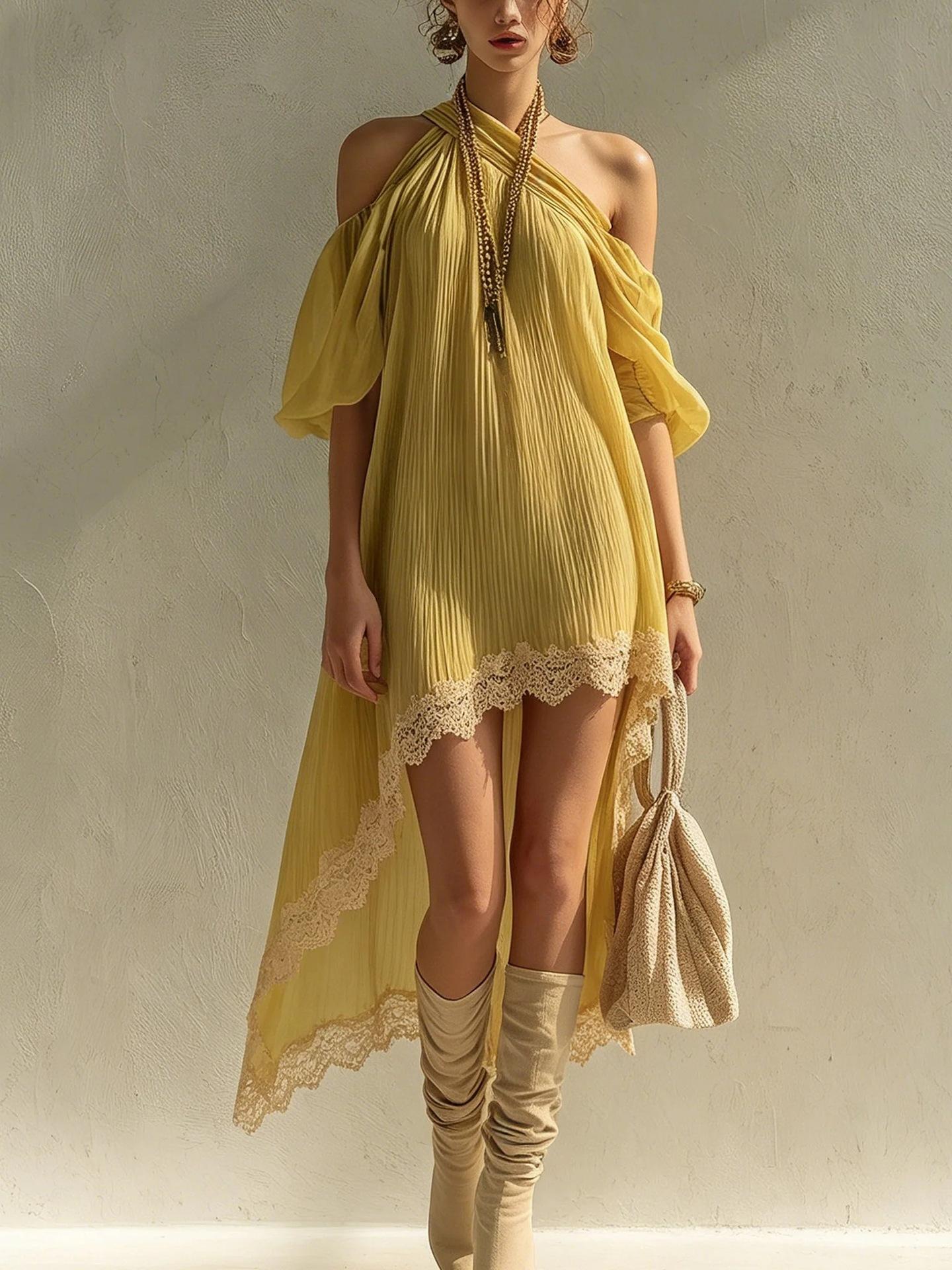 2026 European and American style, independent station, yellow neck pleated dress, asymmetrical lace splicing holiday style dress S