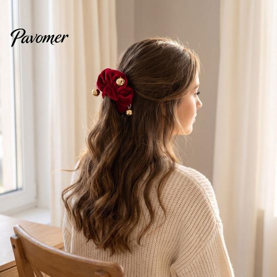 Christmas Stocking Stuffers Velvet Hair Scrunchies with Bells, Elastic Ties for Women Girls, Retro Holiday Ponytail Holders Winter Festive Hairstyles