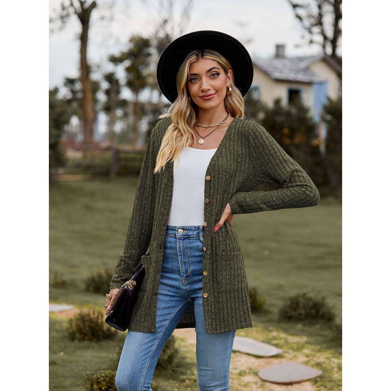 2023 Cross-Border Autumn New Women's Clothing Amazon Women's Brushed Ribbed Solid Color Long-Sleeve Cardigan Jacket