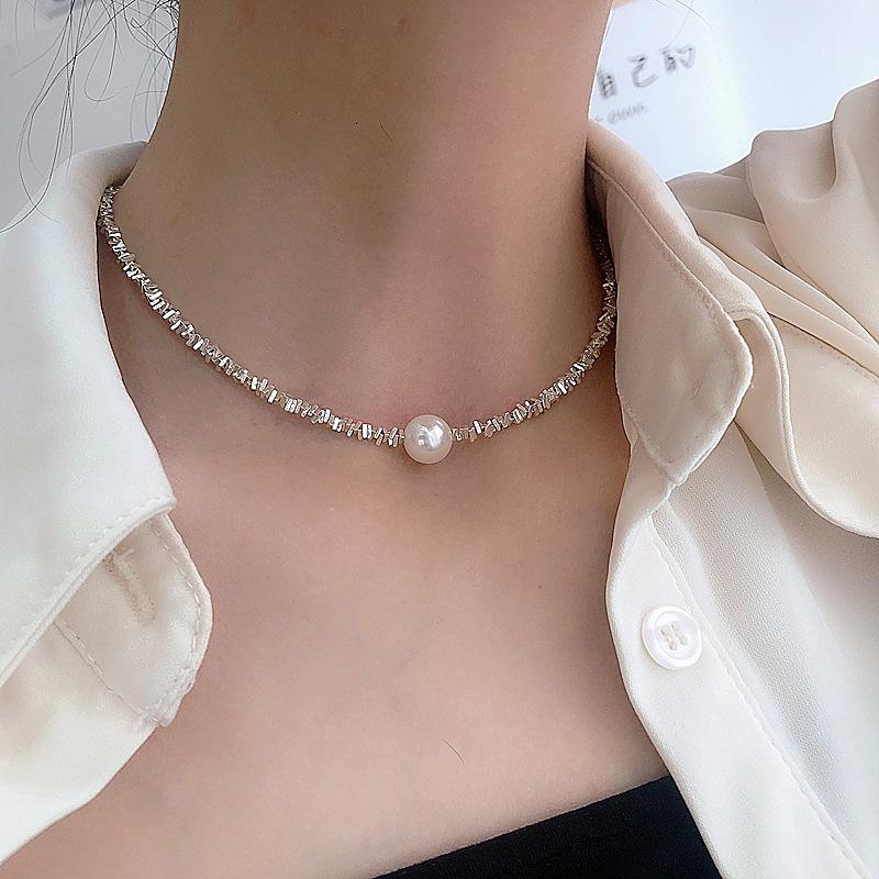 Irregular broken silver imitation pearl pendant necklace high-end design collarbone chain niche temperament neck
